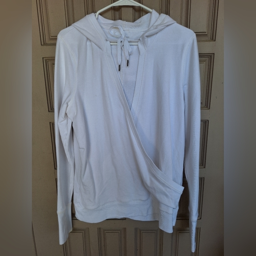 TEK Gear SzL White Hoodie V Neck Ribbon Tie Thumb Cuff Cotton Blend NWOT Feminin